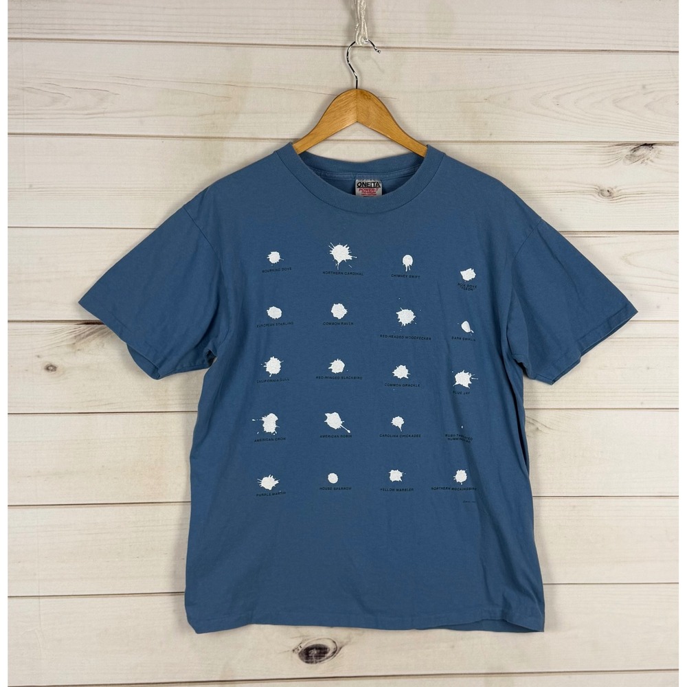 Vintage Oneita T-Shirt Large Blue Bird Droppings Graphic Single Stitch